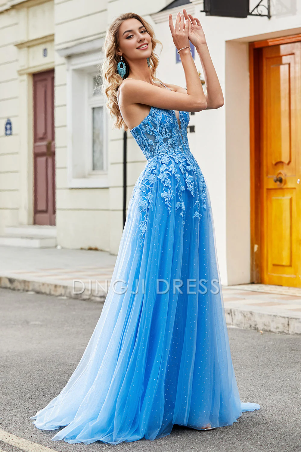 DingJiDress High Quality Dress Evening Dress Gorgeous A Line Spaghetti Straps Lace Appliques Backless Fantastic Long Prom Dress