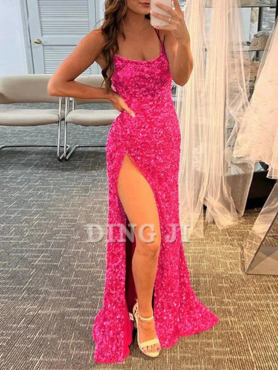 DingJiDress Evening Dress Mermaid Spaghetti Straps Long Sequins Backless Prom Dress Side Fork Fashion Formal Women's Dresses Wedding Guest Dresses