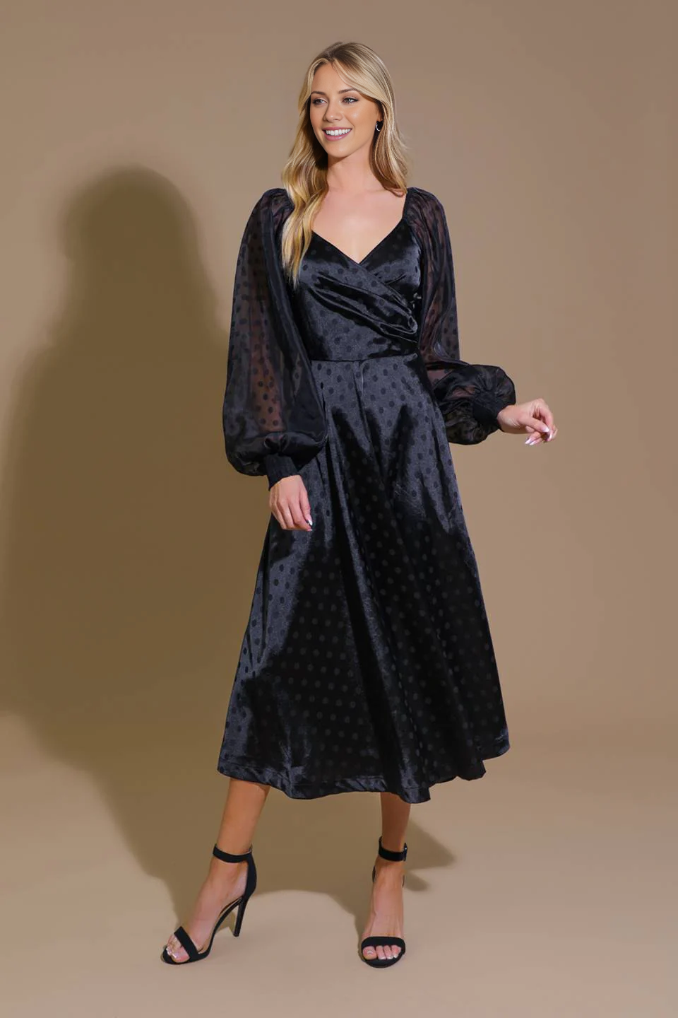 DingJiDress November December Wedding Guest Dress Fashion V Neckline Long Sleeve Circular Dots Elegant Formal Party Dress