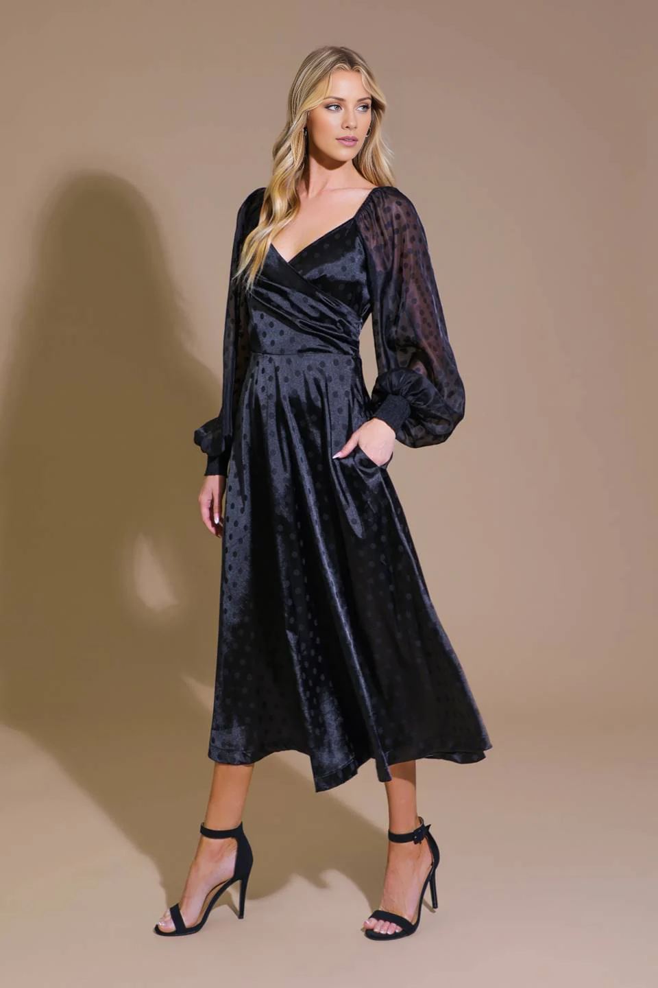 DingJiDress November December Wedding Guest Dress Fashion V Neckline Long Sleeve Circular Dots Elegant Formal Party Dress