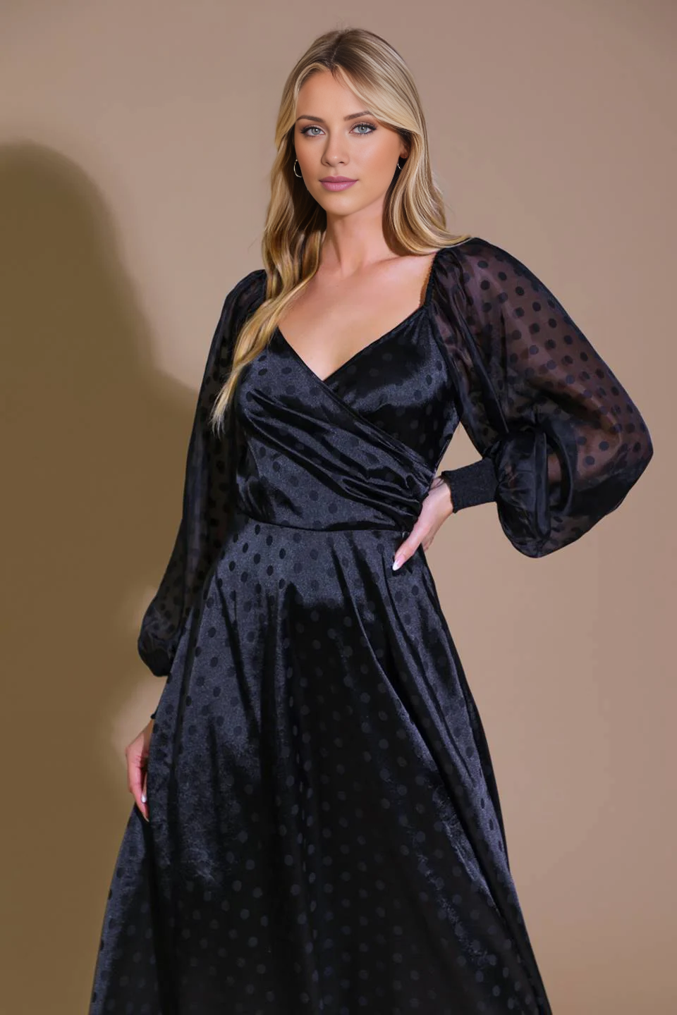 DingJiDress November December Wedding Guest Dress Fashion V Neckline Long Sleeve Circular Dots Elegant Formal Party Dress