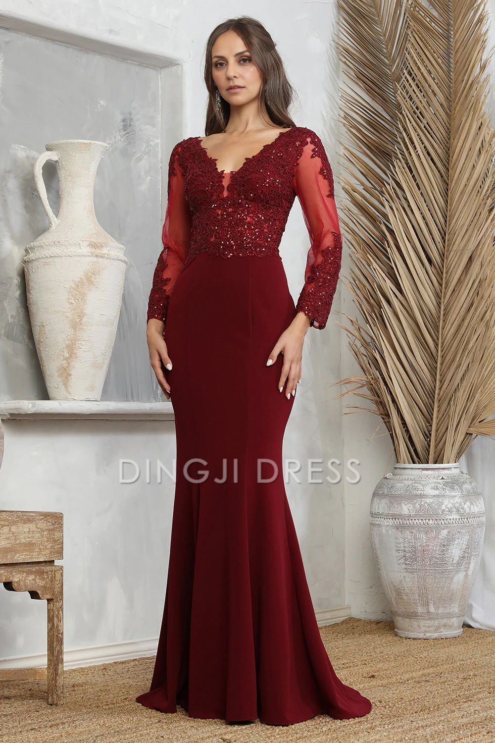 DingJiDress Evening Dress Elegant Mermaid V Neck Long sleeves Lace Applique Long Mother Of The Bride Dress