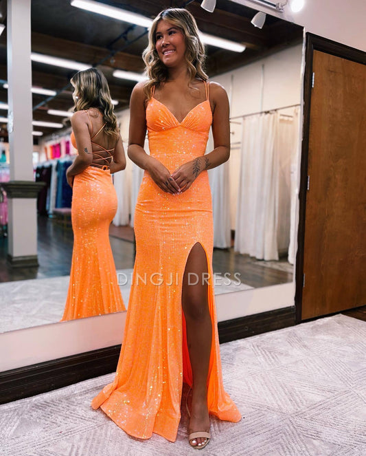 DingJiDress Sparkle Mermaid Spaghetti Straps Lace Up-Corset With Split Charming Prom Dress