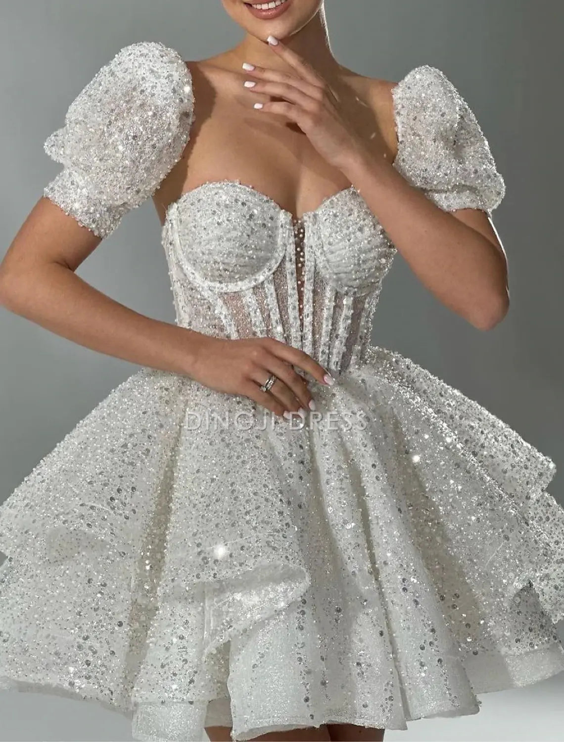 DingJiDress Hot Sale Short Prom Dress A-Line Sweetheart Corsets Cocktail Dresses Birthday Party Short Sleeve Pearls Sequin New Homecoming Dress