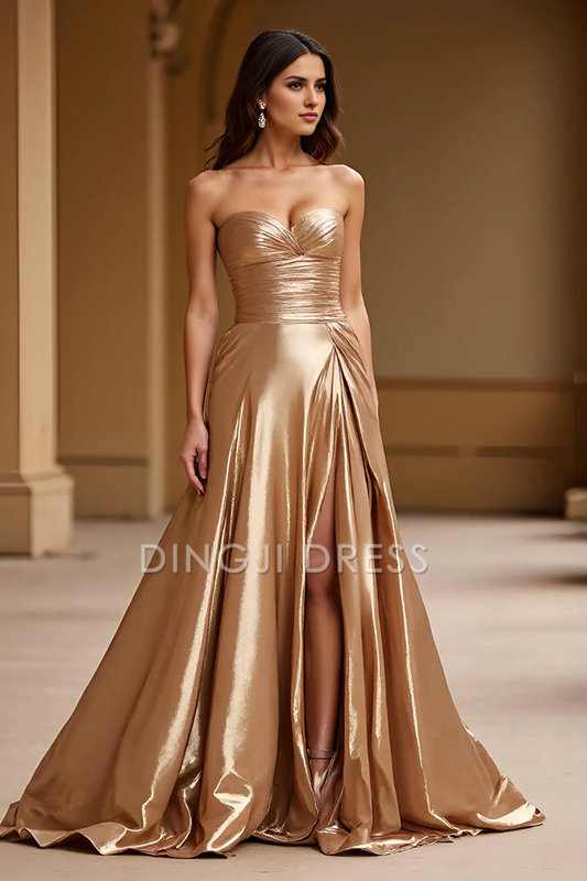DingJiDress High Quality Dress Charming A Line Sweetheart Strapless Pleated Long With Slit Prom Dress