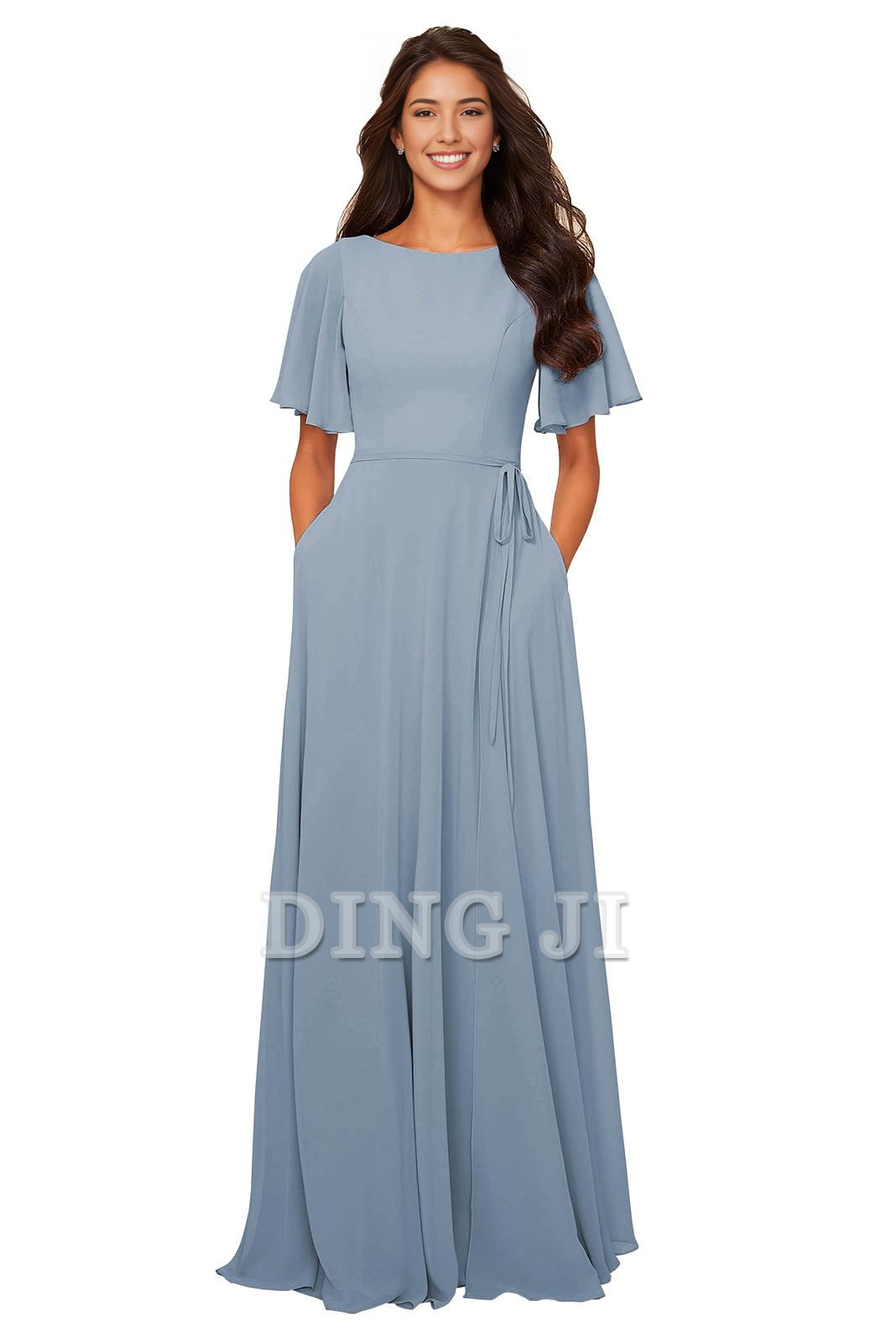 DingJiDress Bridesmaid Dresses Chiffon Modest A Line Bateau Neck Flutter Sleeve Elegant Formal Wear Dresses