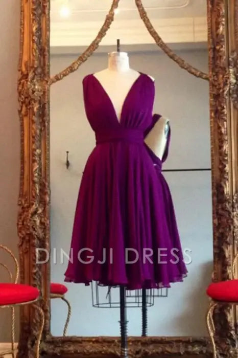 DingJiDress Short Prom Dress A Line V Neck Sleeveless Backless Chiffon Simple Knee Length Best Selling Homecoming Dress