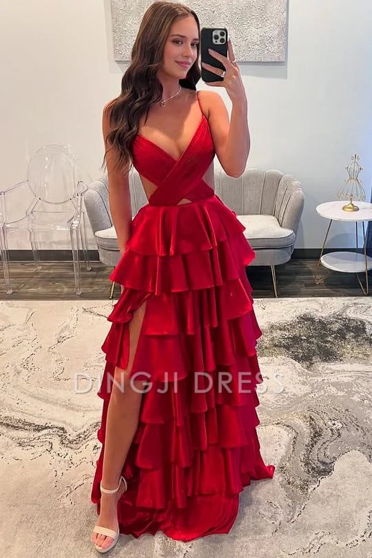 DingJiDress Formal Dress Charming A-Line V-Neck Spaghetti Strap Ruched Tiered Backless Long Party Prom Dress
