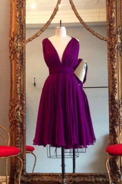 DingJiDress Short Prom Dress A Line V Neck Sleeveless Backless Chiffon Simple Knee Length Best Selling Homecoming Dress