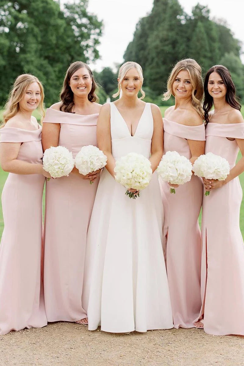 Elegant Simple Light Pink Mermaid Off the Shoulder Sleeveless Side Fork Low Cost Floor Length Bridesmaid Dresses