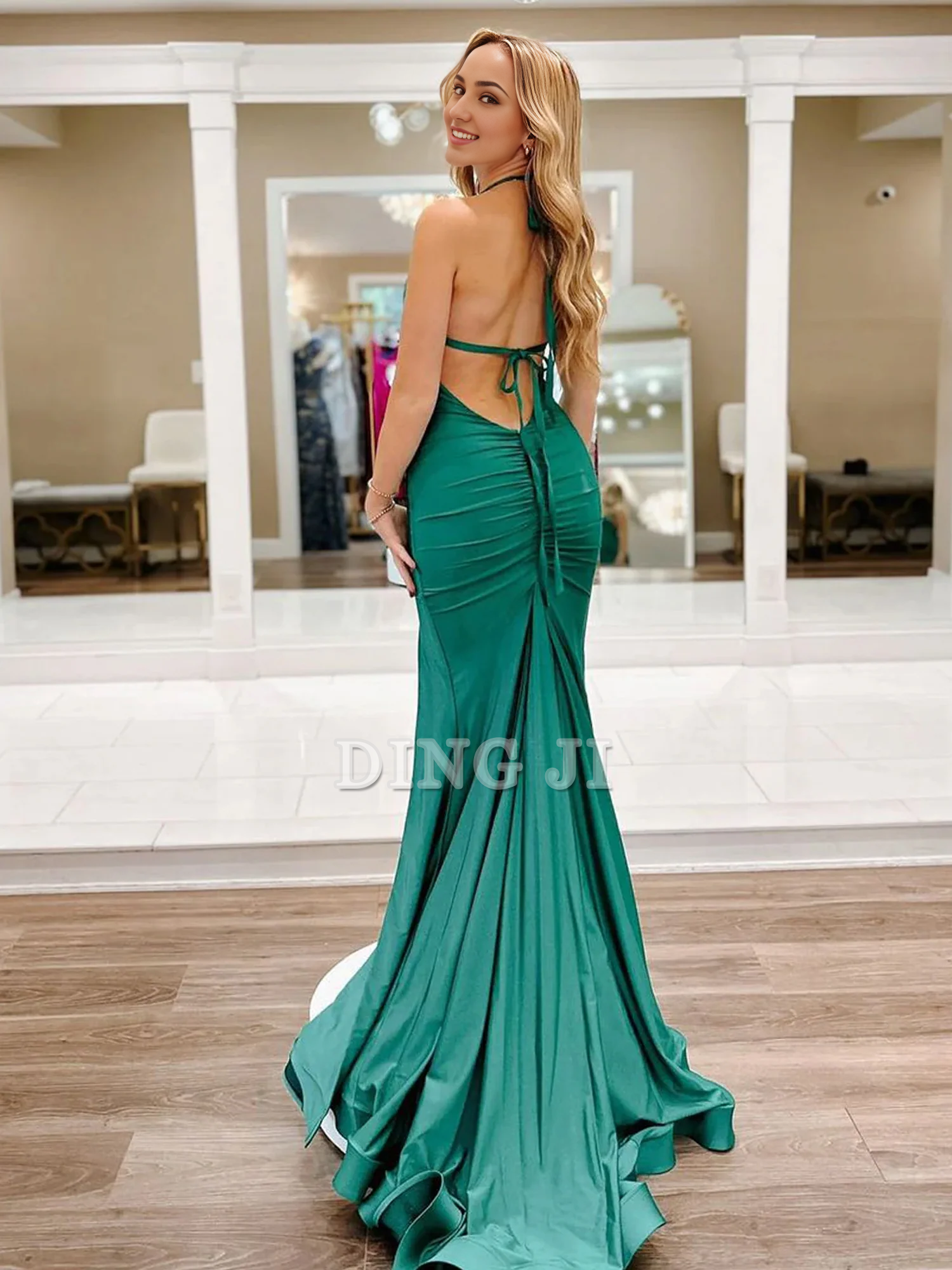 DingJiDress Personality Evening Dress V Neck Mermaid Satin Long Prom Dresses Backless Side Fork Sexy Formal Wear Dresses Wedding Guest Dresses
