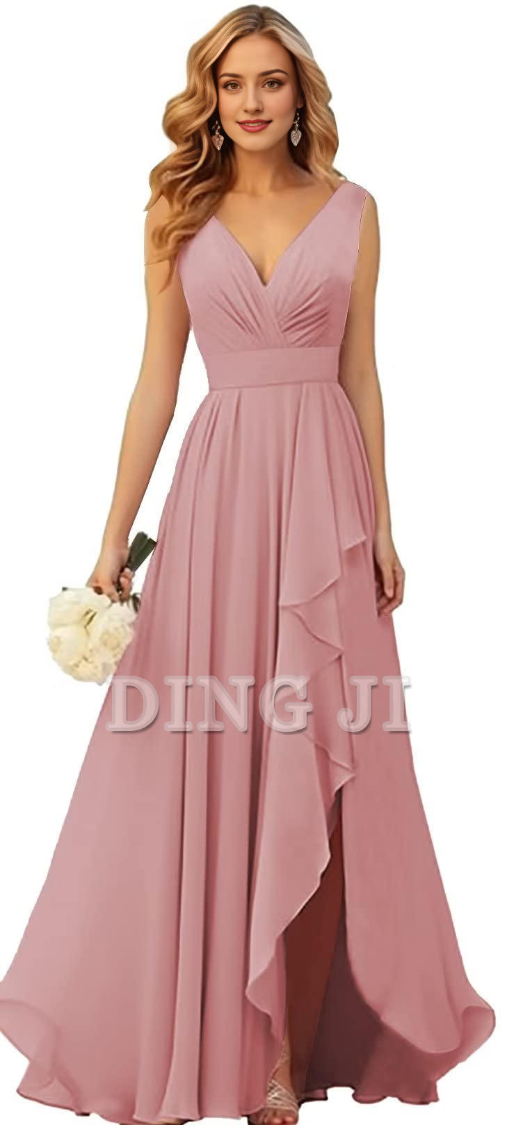 DingJiDress Bridesmaid Dresses Elegant V Neck Chiffon Side Fork Long Formal Wear Dresses