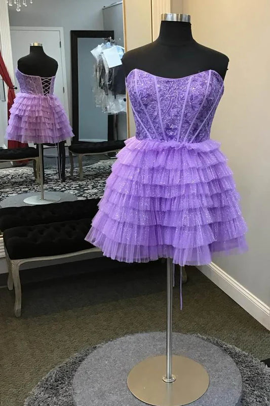 DingJiDress Homecoming Dress Purple Strapless Multi-Layer with Lace-up