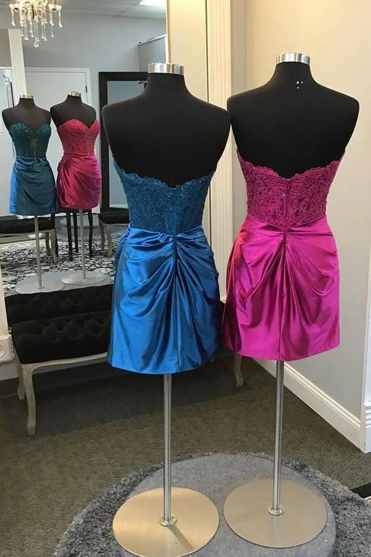 DingJiDress Homecoming Dress Strapless Lace Appliques Pleated Tight Graduation Dresses