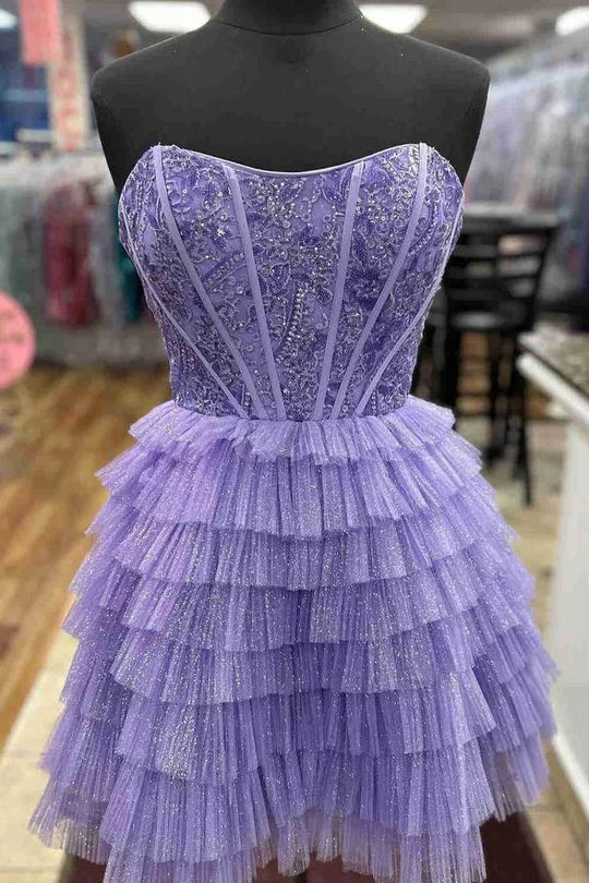 DingJiDress Homecoming Dress Purple Strapless Multi-Layer with Lace-up