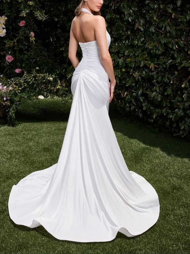 DingJiDress Wedding Dress December Wedding Hanging Neck Collar Gathered Waist Stretch Spandex Satin Wrinkle Split Fork Comfortable Elegant Simple Dress