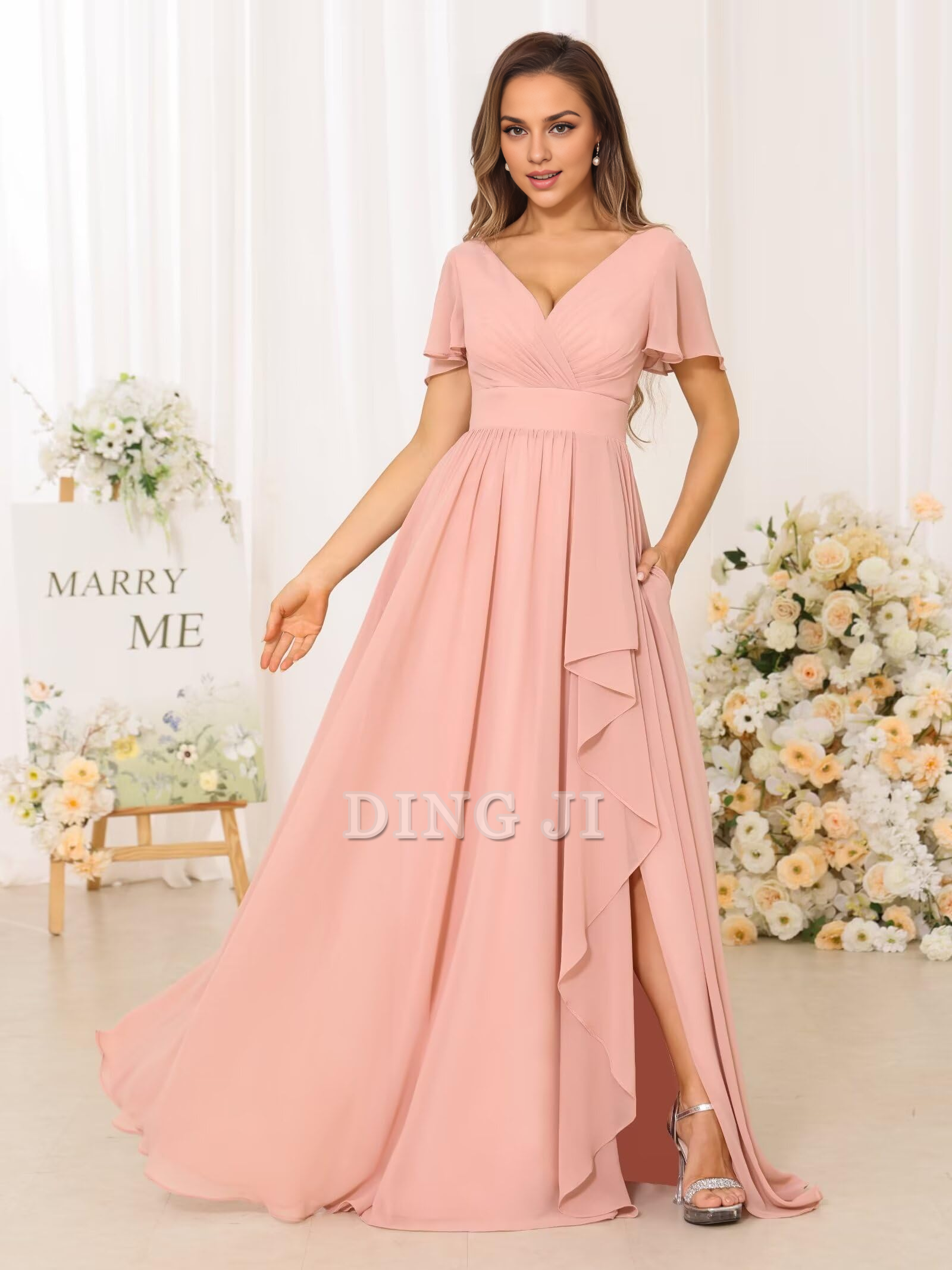 DingJiDress Bridesmaid Dresses Elegant V Neck Chiffon Pleated Side Fork Exquisite Formal Wear Dresses