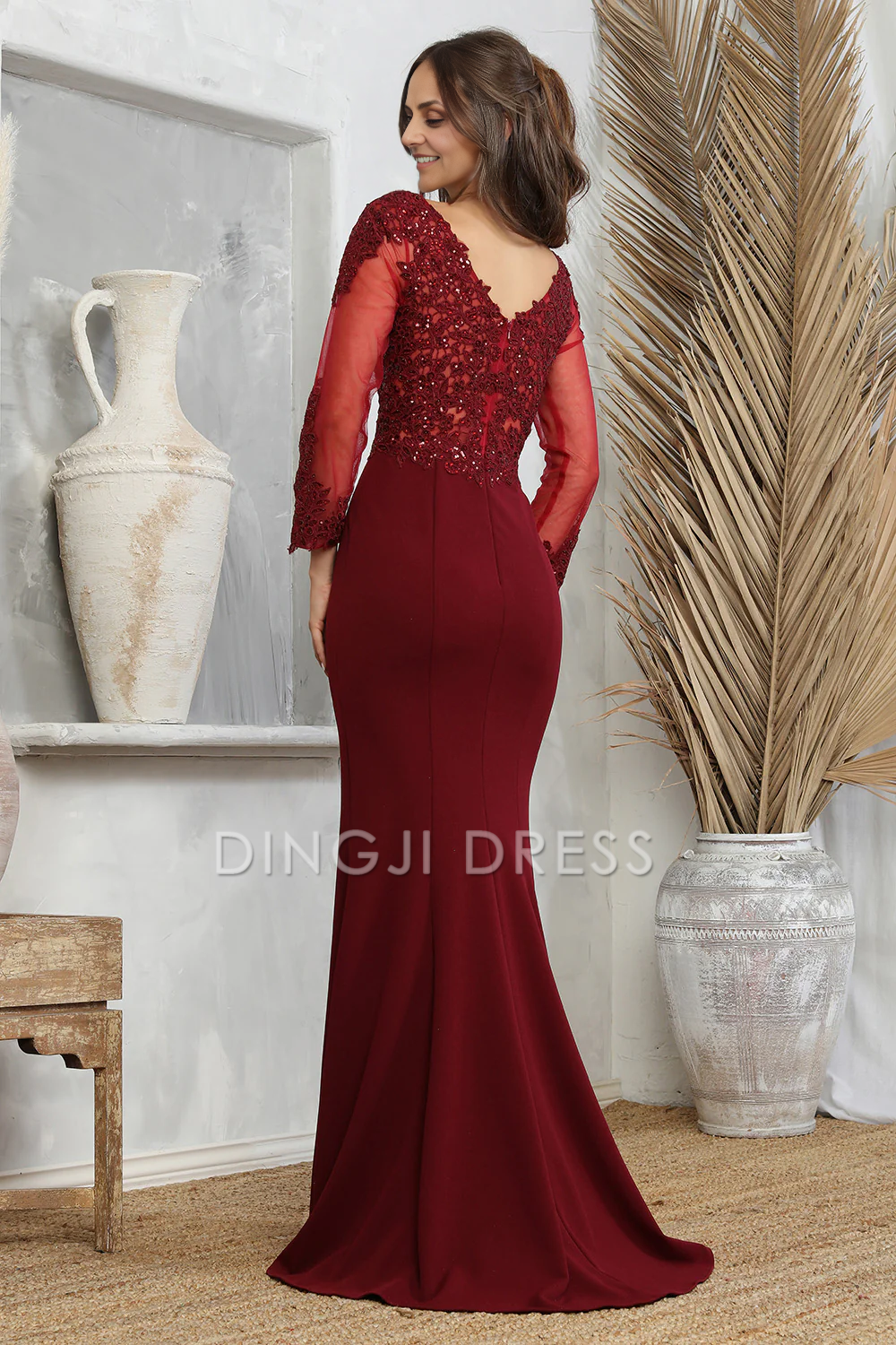 DingJiDress Evening Dress Elegant Mermaid V Neck Long sleeves Lace Applique Long Mother Of The Bride Dress