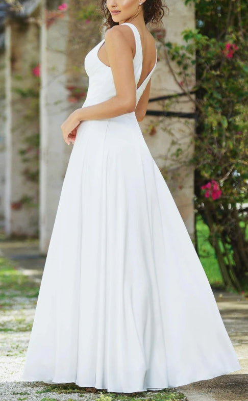 DingJiDress Wedding Dress December Wedding A-line skirt V-neckline Sleeveless Floor length Split Fork Simple Formal Dress