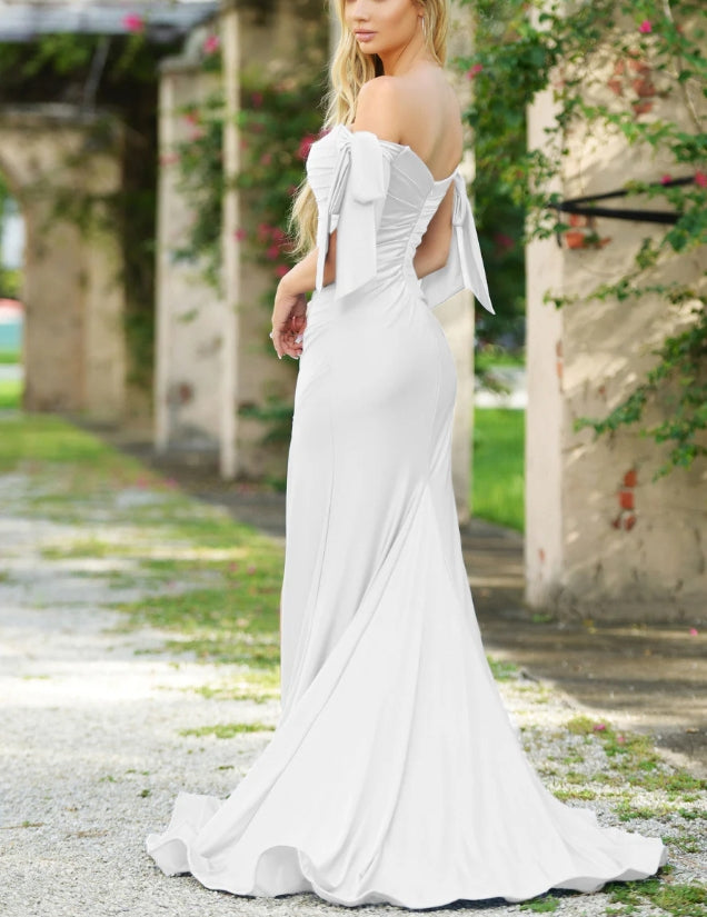 DingJiDress Wedding Dress December Wedding Ruched off the shoulder sweetheart bodice Column silhouette natural waistline Adjustable bow tie sleeves Simple Formal Dress