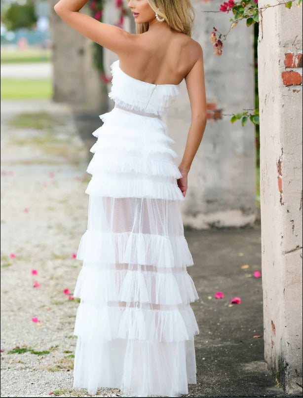 DingJiDress Wedding Dress December Wedding Autumn Winter Strapless Tiered Ruffled Tulle Sheer mesh Bodice No Stretch Invisible Center Zipper Unique Personality Dress