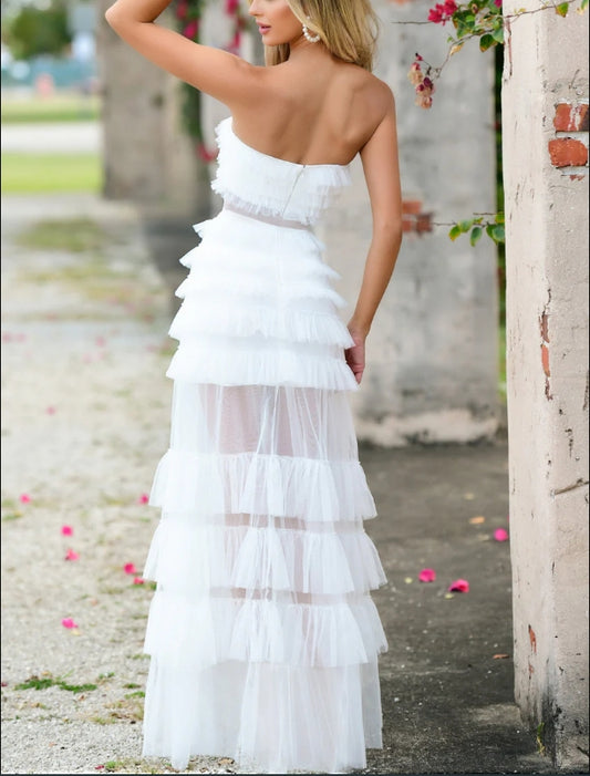 DingJiDress Wedding Dress December Wedding Autumn Winter Strapless Tiered Ruffled Tulle Sheer mesh Bodice No Stretch Invisible Center Zipper Unique Personality Dress