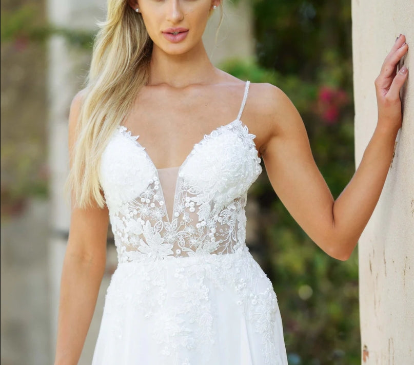 DingJiDress Wedding Dress December Wedding A-line Chiffon Sleeveless See-Through Deep Sweetheart Bodice Bead Embellished Floral Applique Bodice Floor Length Chiffon Skirt Sweep Train Dress