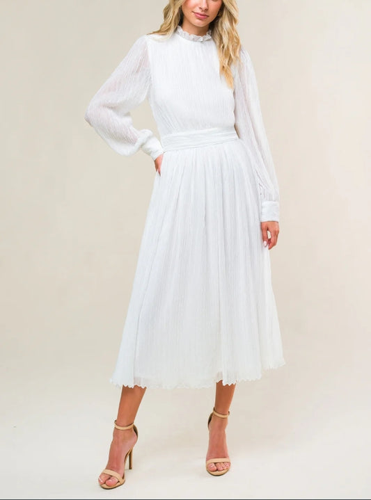 DingJiDress Wedding Dress December Wedding High Neckline Ruffled Edge Long Sleeve Cuff Full Skirt Back Zipper Closure Elegant Simple Dress