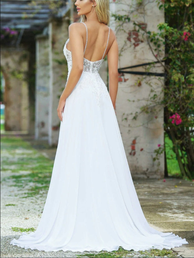 DingJiDress Wedding Dress December Wedding A-line Chiffon Sleeveless See-Through Deep Sweetheart Bodice Bead Embellished Floral Applique Bodice Floor Length Chiffon Skirt Sweep Train Dress