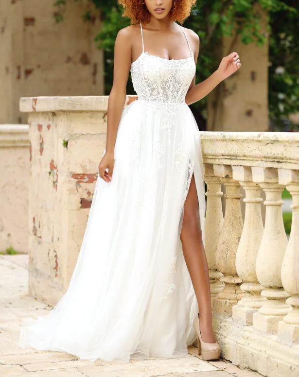 DingJiDress Wedding Dress December Wedding A Line Romantic Gown Straight Neckline Intricate Lace Tulle Split Fork Plus Size Dress