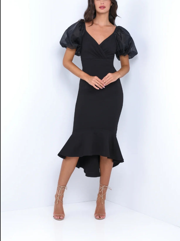 DingJiDress New Pattern Wedding Guest Dress Mermaid V-Neckline Zip-up Back Charming Puff Sleeve Ruffled Hem Black Formal Dress Evening Dress