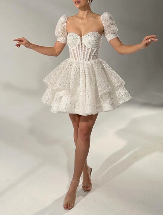DingJiDress Hot Sale Short Prom Dress A-Line Sweetheart Corsets Cocktail Dresses Birthday Party Short Sleeve Pearls Sequin New Homecoming Dress