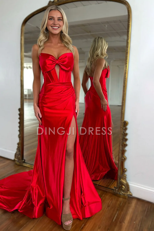 DingJiDress Cute Mermaid Strapless Long Satin Pleated with Slit and Bowknot Elegant Prom Dress