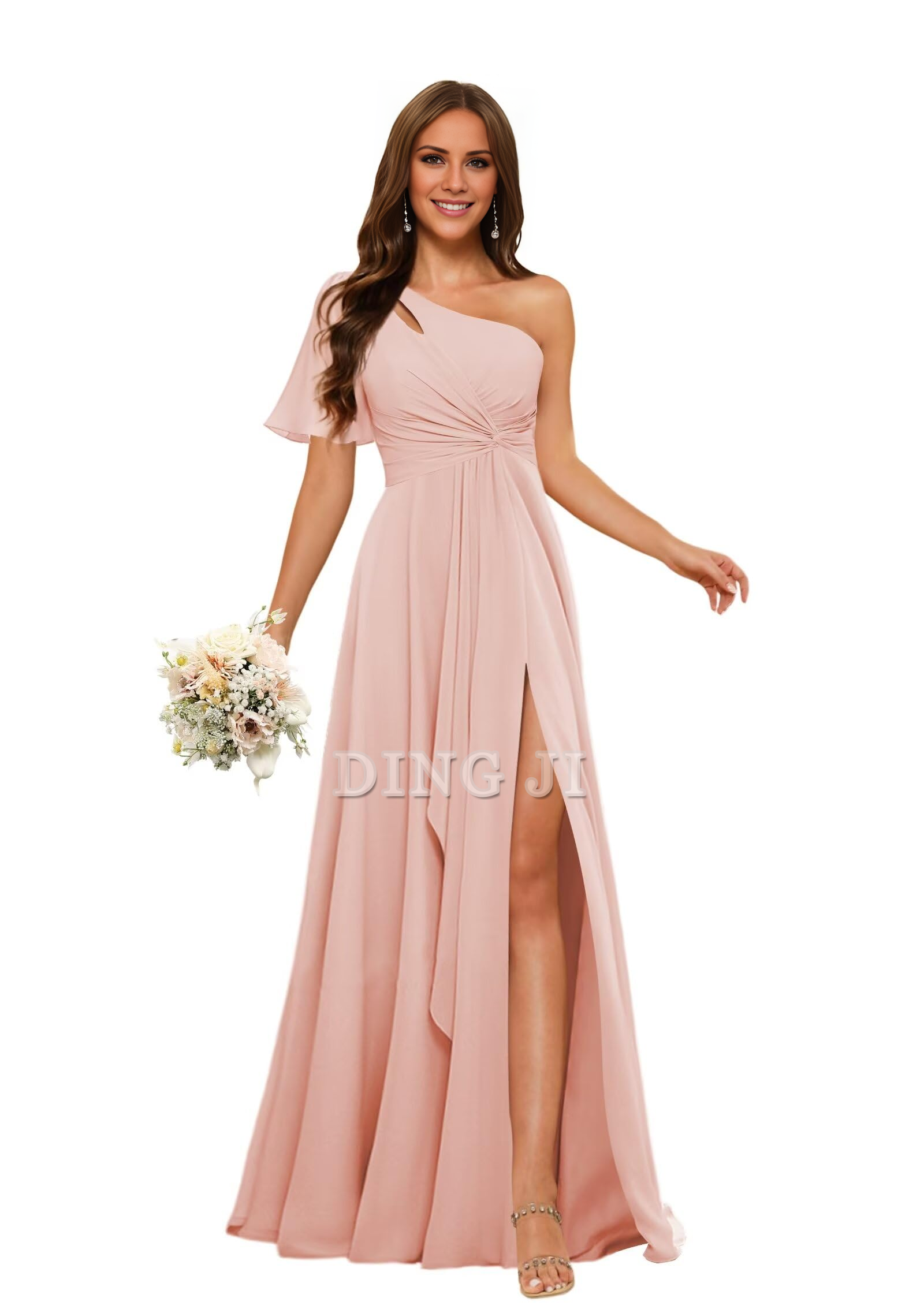 DingJiDress Bridesmaid Dresses Single Sleeve Short Sleeves Chiffon Side Fork Pleated Elegant Formal Wear Dresses