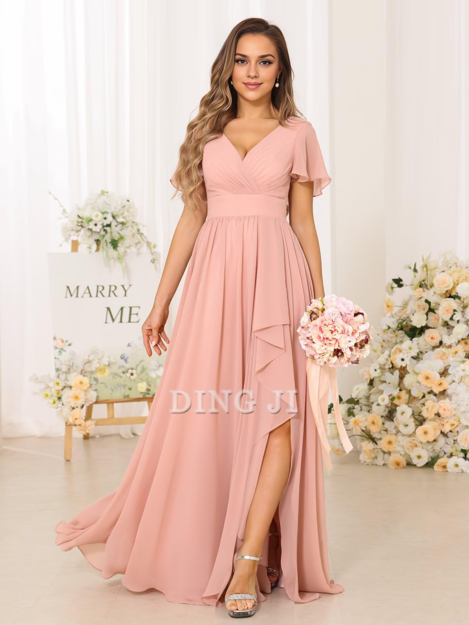 DingJiDress Bridesmaid Dresses Elegant V Neck Chiffon Pleated Side Fork Exquisite Formal Wear Dresses