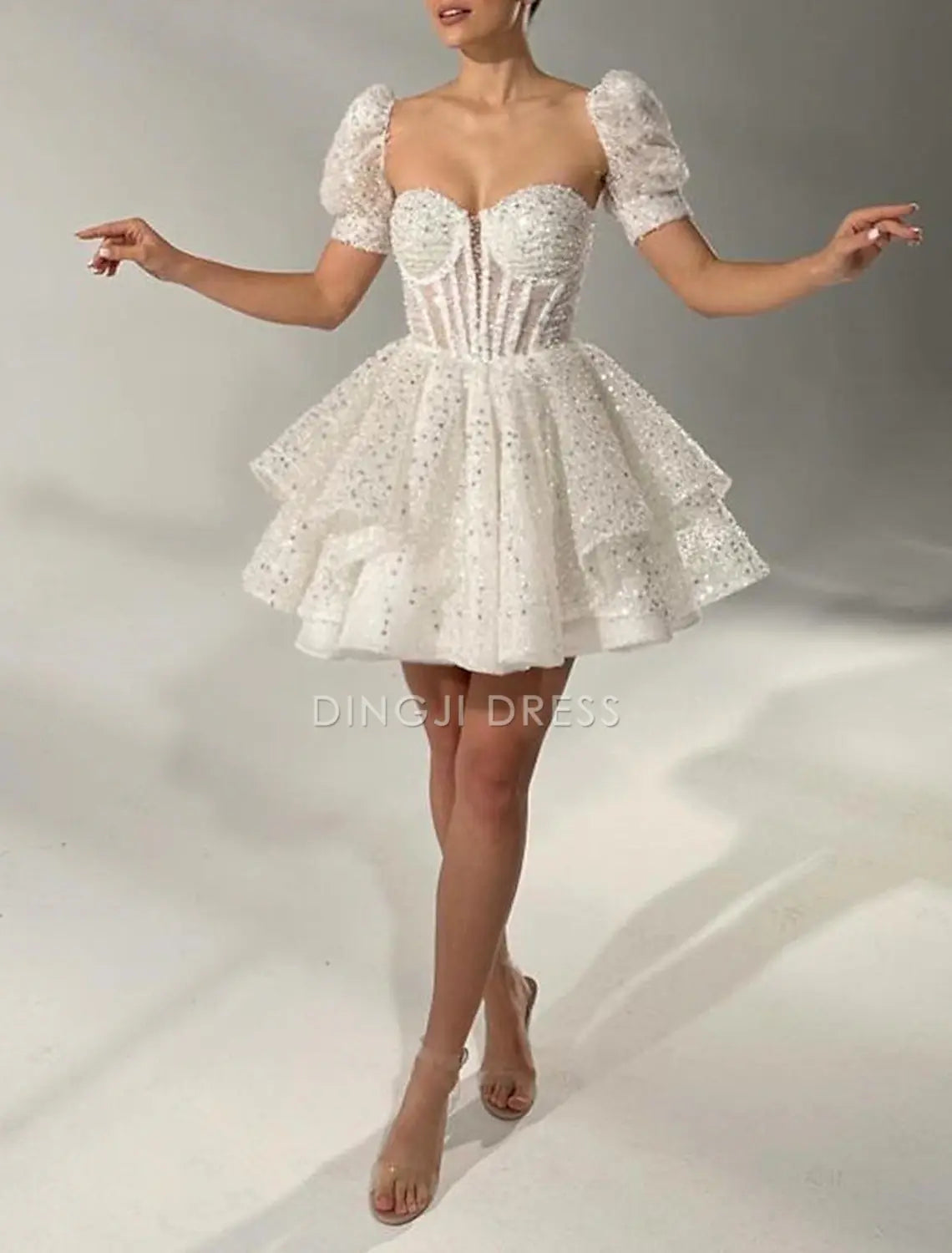 DingJiDress Hot Sale Short Prom Dress A-Line Sweetheart Corsets Cocktail Dresses Birthday Party Short Sleeve Pearls Sequin New Homecoming Dress