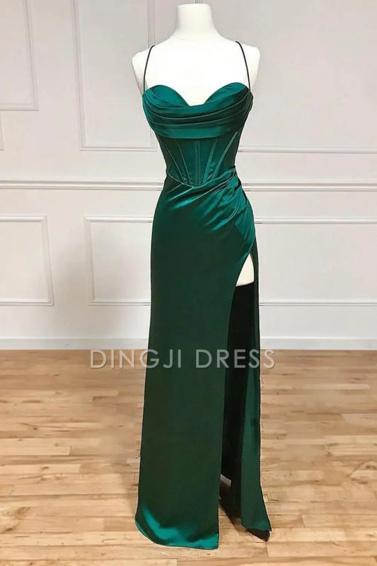 DingJiDress Simple Satin Mermaid Spaghetti Straps Lace Up Long With Split Elegant Prom Dress