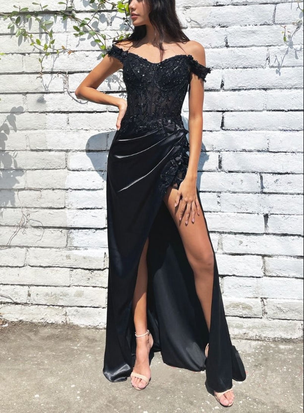 DingJiDress New Pattern Wedding Guest Dress Soft Satin Off-the-shoulder Lace Adorned Sheer Bodice Detailed Flowers Beading Thigh-High Leg Slit Elegant Black Formal Dress Evening Dress