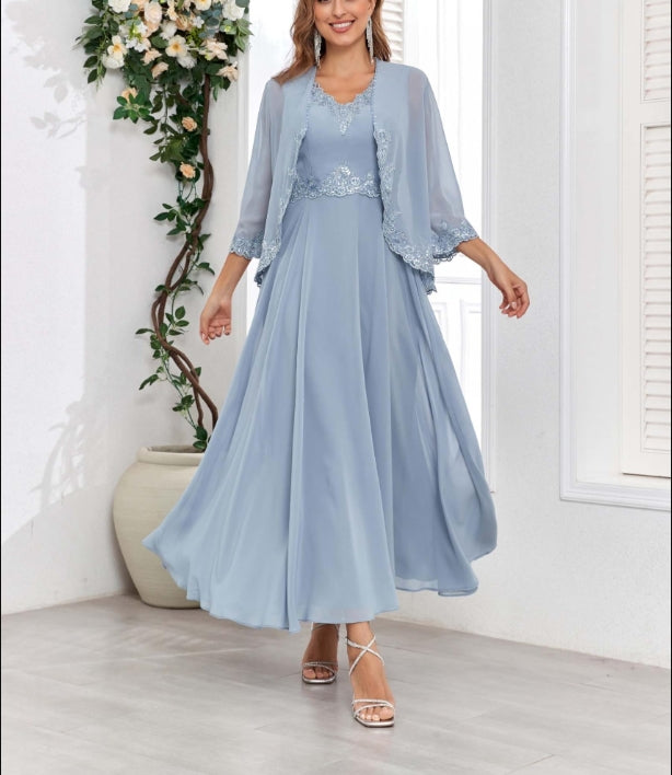 Mother of the Bride or Groom Dresses Two Pieces Jacket Sequins Lace Chiffon Formal Dress Wedding Guests Dresses