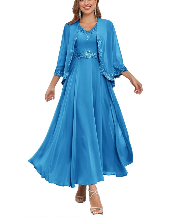 Mother of the Bride or Groom Dresses Two Pieces Jacket Sequins Lace Chiffon Formal Dress Wedding Guests Dresses