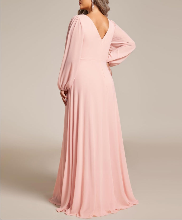 Mother of the Bride or Groom Dresses Women's Beads Waist Long Sleeves V Neck Plus Size Formal Dress Wedding Guests Dresses