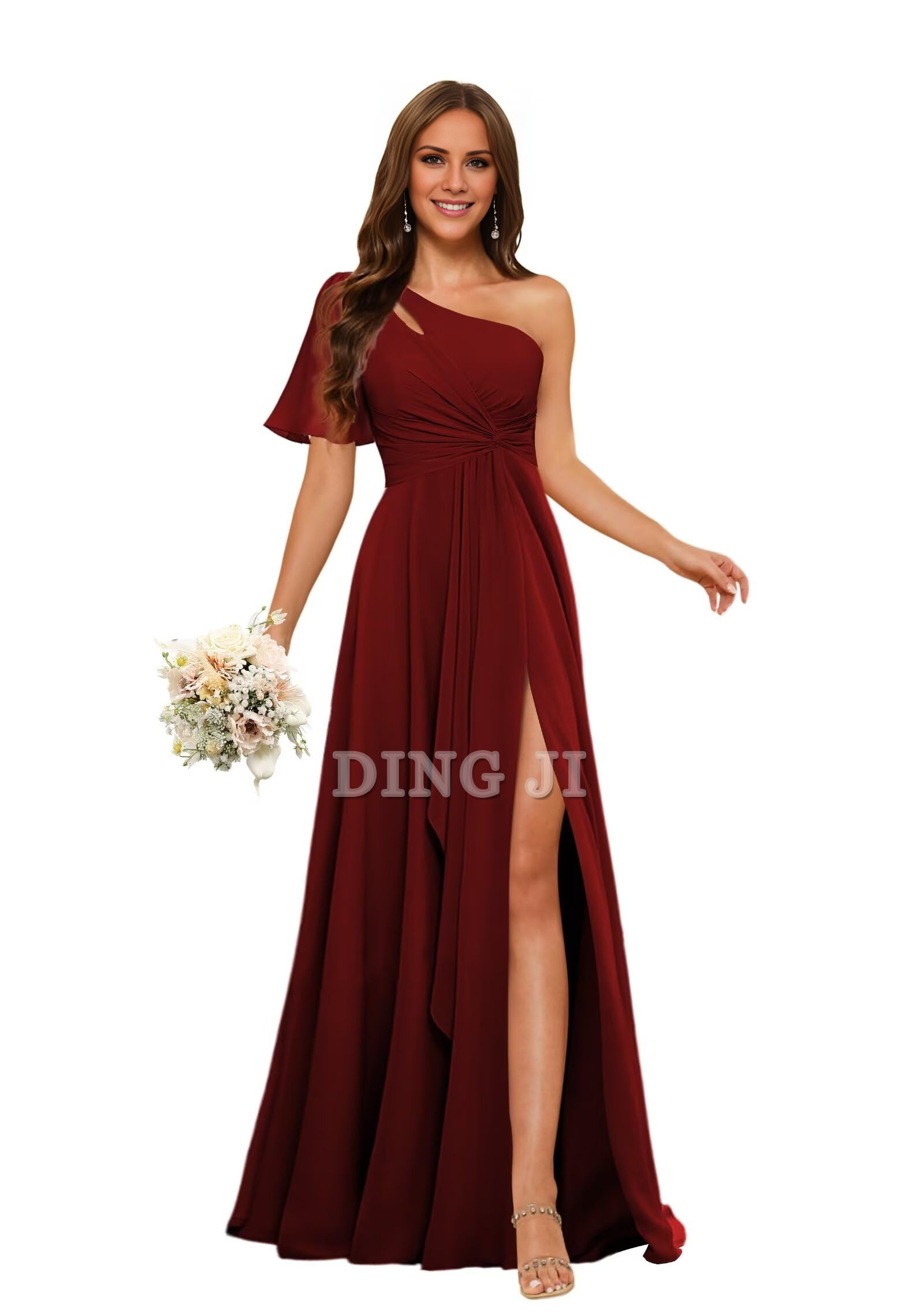 DingJiDress Bridesmaid Dresses Single Sleeve Short Sleeves Chiffon Side Fork Pleated Elegant Formal Wear Dresses
