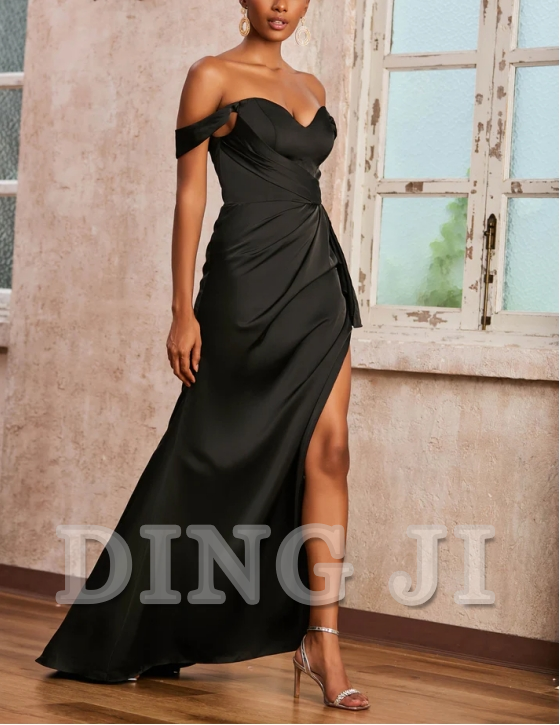 DingJiDress Evening Dress Off-the-Shoulder Cap Sleeves Ruched Backless Side Fork Sexy Charming Wedding Guest Dresses