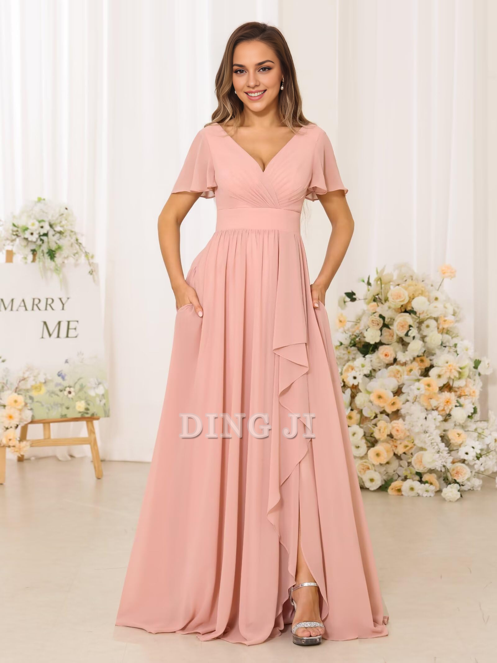 DingJiDress Bridesmaid Dresses Elegant V Neck Chiffon Pleated Side Fork Exquisite Formal Wear Dresses