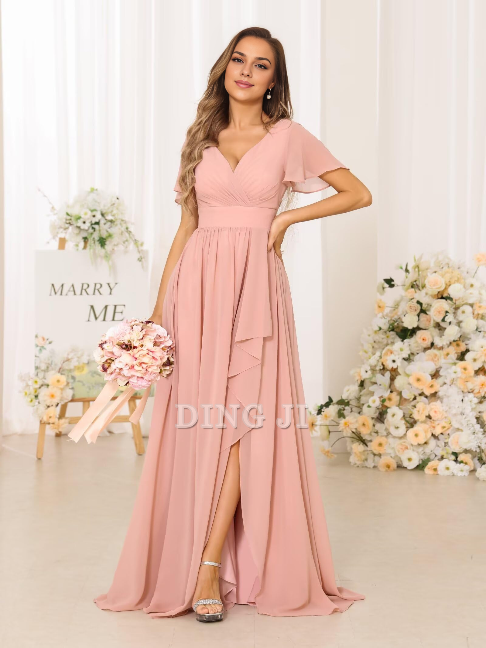 DingJiDress Bridesmaid Dresses Elegant V Neck Chiffon Pleated Side Fork Exquisite Formal Wear Dresses