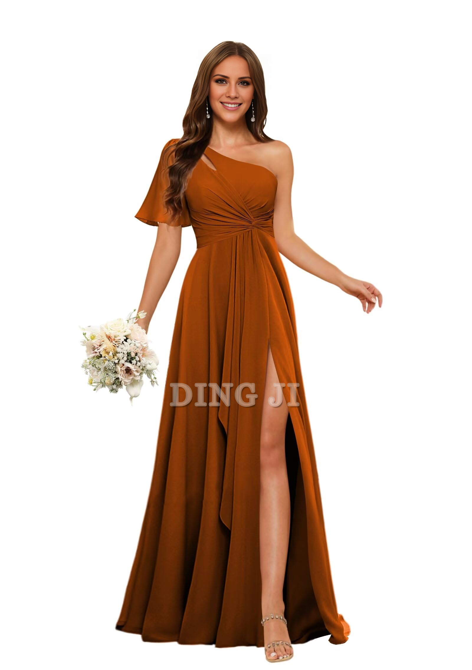DingJiDress Bridesmaid Dresses Single Sleeve Short Sleeves Chiffon Side Fork Pleated Elegant Formal Wear Dresses