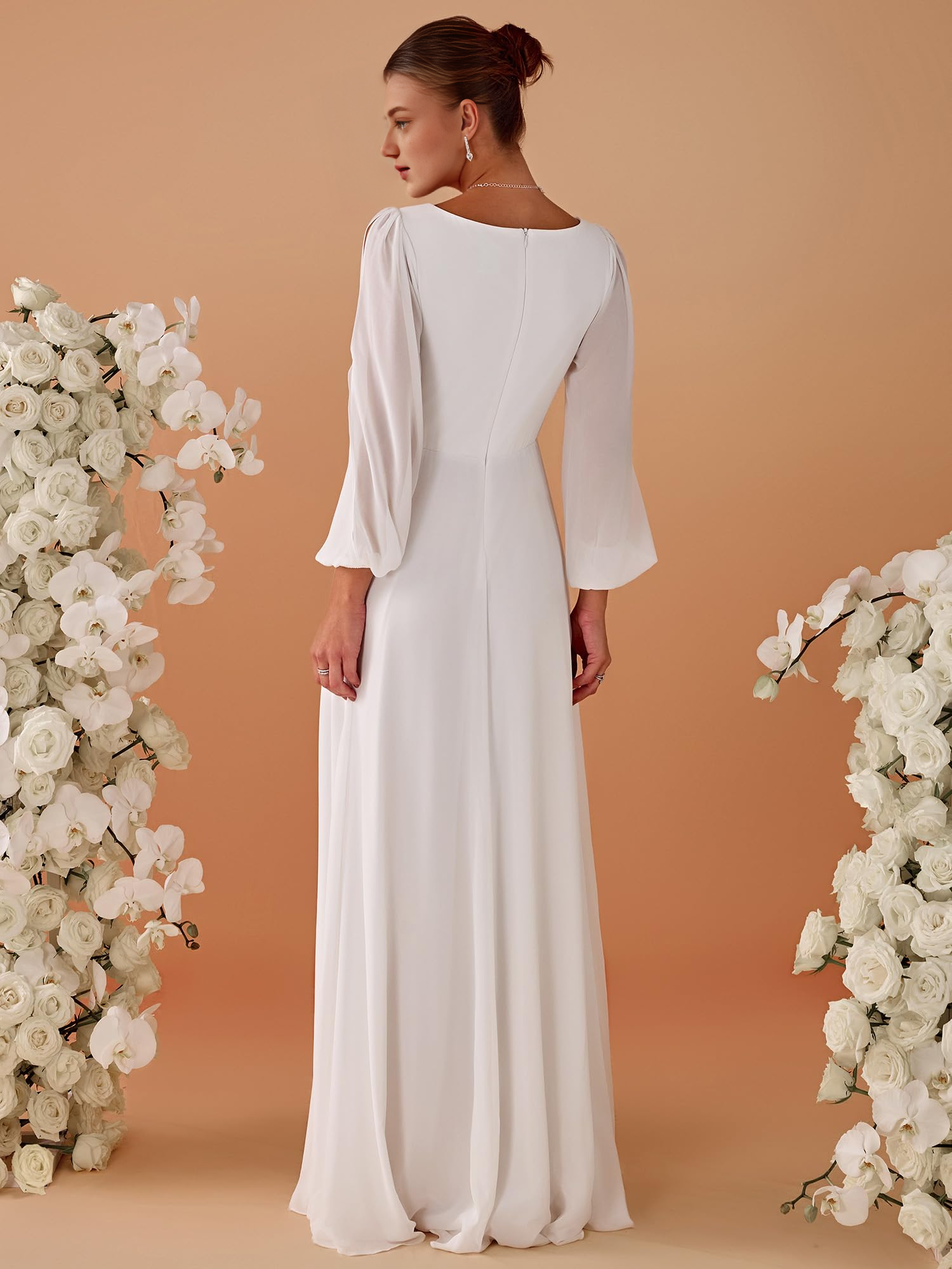 DingJiDress Wedding Dress Neck Long Sleeves Floor Length Ruched Chiffon Formal Women's Dresses