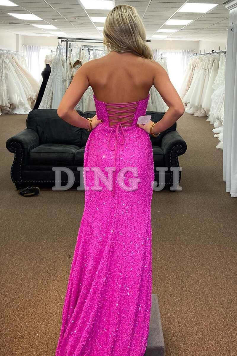 DingJiDress Sparkle Charming Evening Dress Mermaid Strapless Sequins Lace-Up Long Prom Dress Backless Side Fork Sparkle Formal Wear Dresses Wedding Guest Dresses
