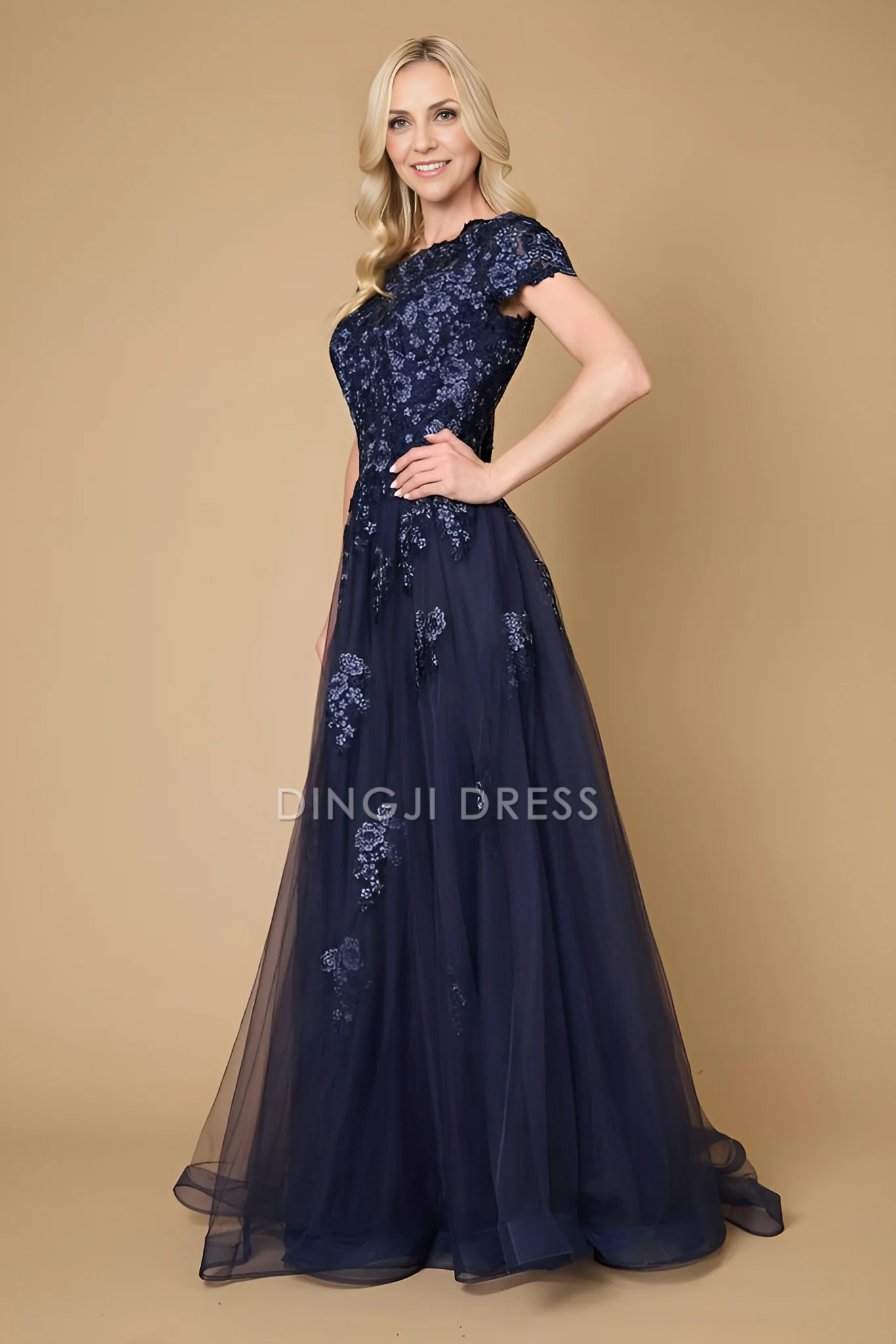 DingJiDress Evening Dress Elegant A Line Short Sleeves Lace Applique Exquisite Long Mother Of The Bride Dress