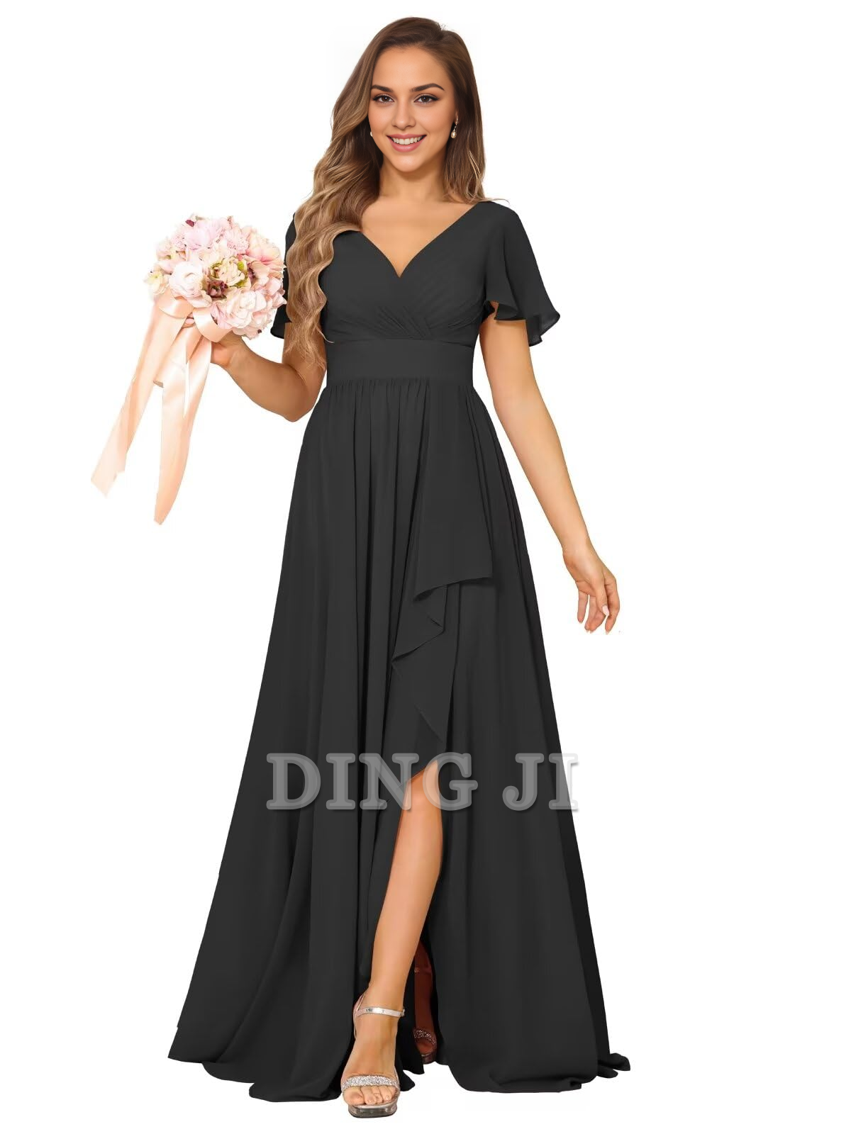 DingJiDress Bridesmaid Dresses Elegant V Neck Chiffon Pleated Side Fork Exquisite Formal Wear Dresses